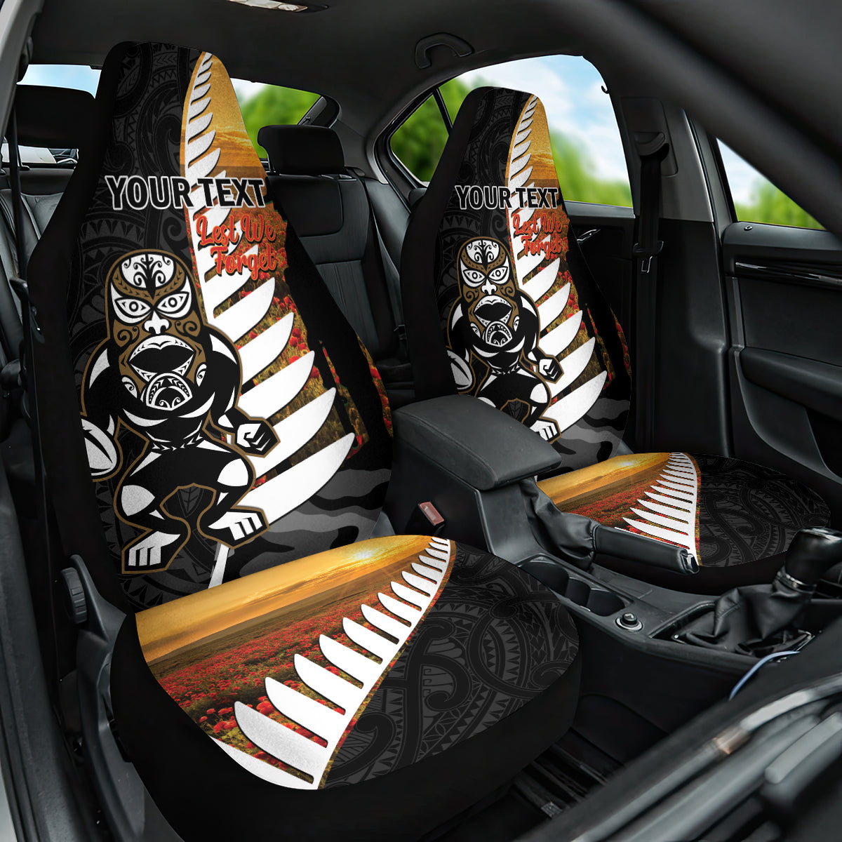 Custom New Zealand Silver Fern Rugby ANZAC Day Car Seat Cover 2024 All Black Tiki Mascot LT14 One Size Black - Polynesian Pride