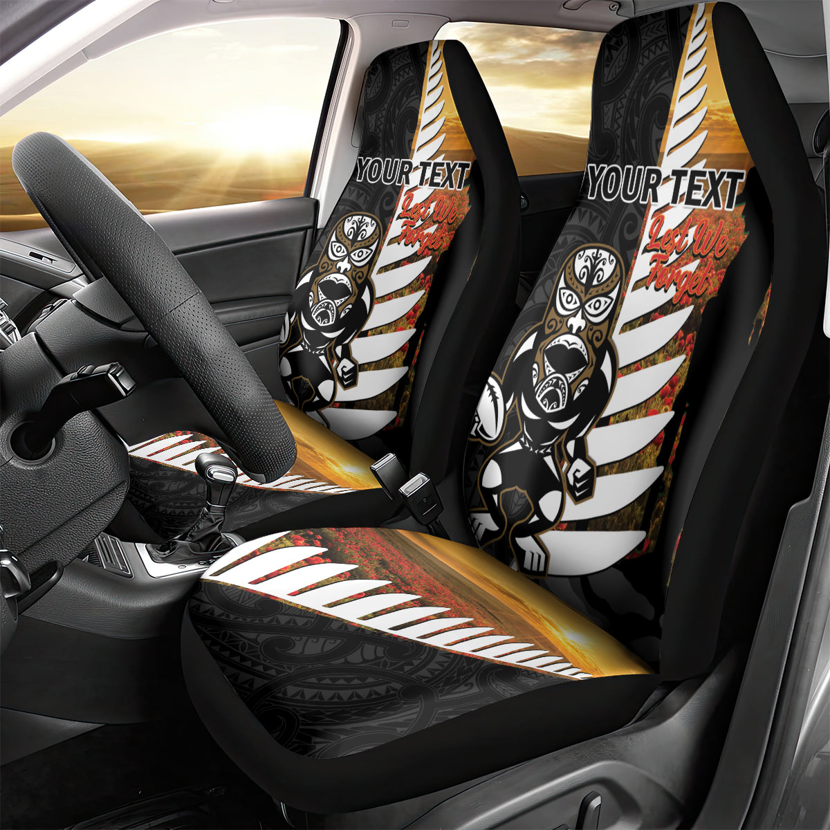 Custom New Zealand Silver Fern Rugby ANZAC Day Car Seat Cover 2024 All Black Tiki Mascot LT14 - Polynesian Pride