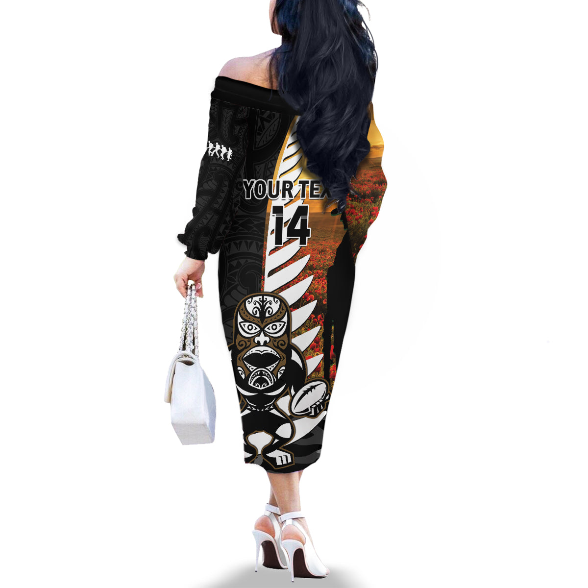Custom New Zealand Silver Fern Rugby ANZAC Day Family Matching Off Shoulder Long Sleeve Dress and Hawaiian Shirt 2024 All Black Tiki Mascot LT14 - Polynesian Pride