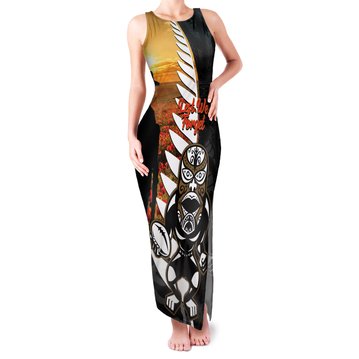 Custom New Zealand Silver Fern Rugby ANZAC Day Family Matching Tank Maxi Dress and Hawaiian Shirt 2024 All Black Tiki Mascot LT14 Mom's Dress Black - Polynesian Pride