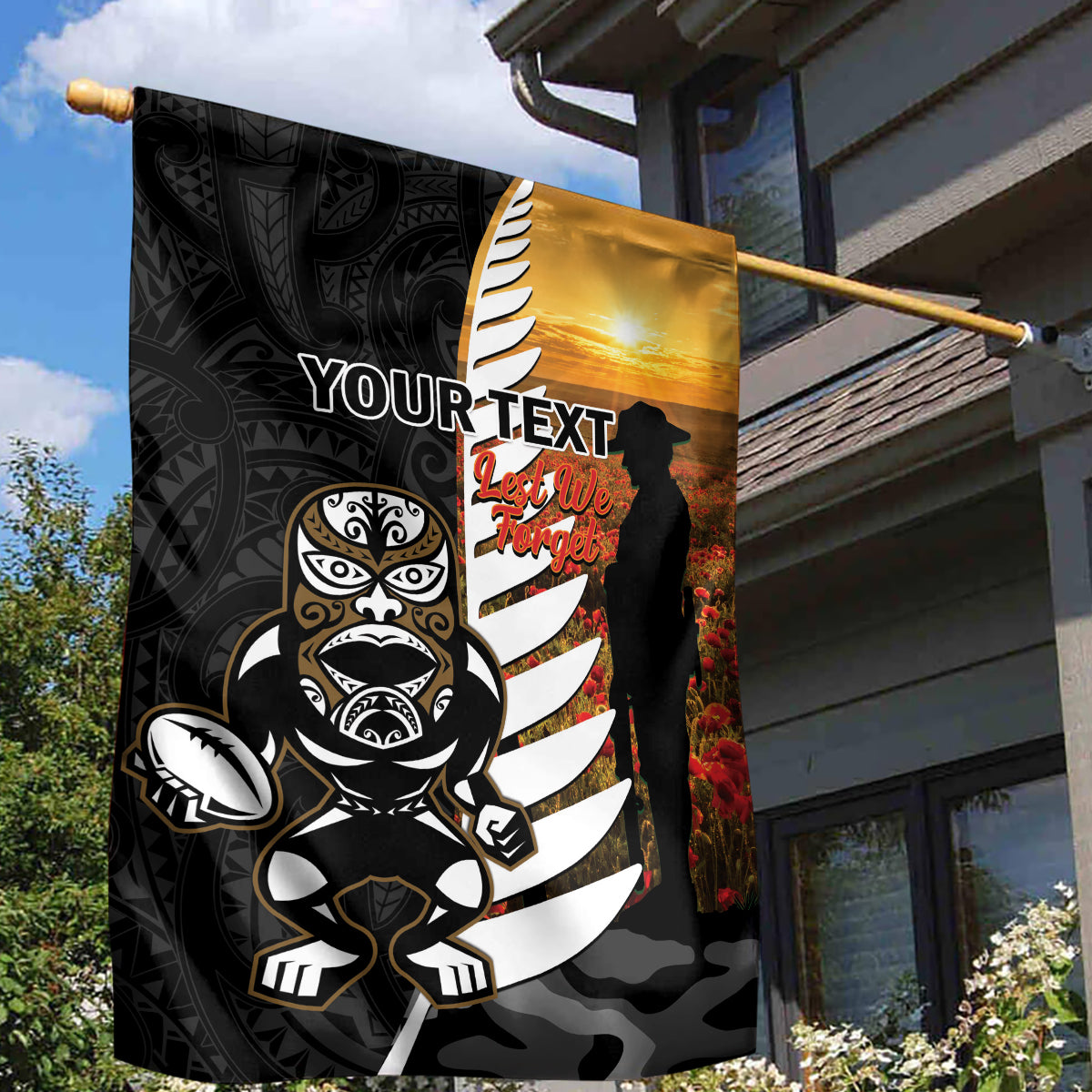 Custom New Zealand Silver Fern Rugby ANZAC Day Garden Flag 2024 All Black Tiki Mascot LT14 - Polynesian Pride
