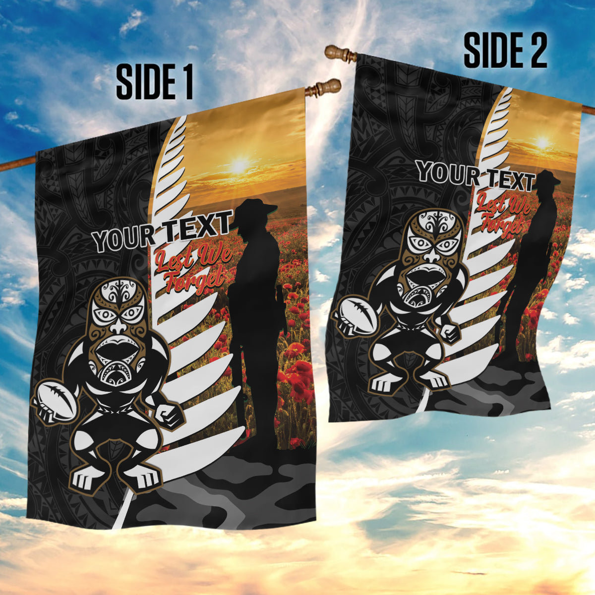 Custom New Zealand Silver Fern Rugby ANZAC Day Garden Flag 2024 All Black Tiki Mascot LT14 - Polynesian Pride