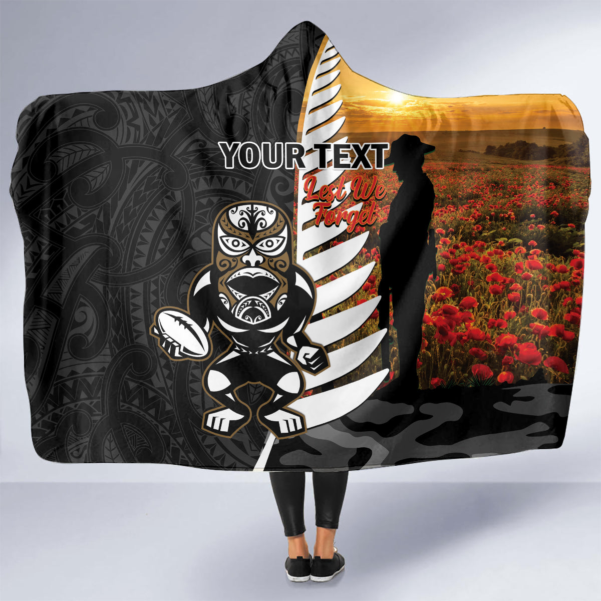 Custom New Zealand Silver Fern Rugby ANZAC Day Hooded Blanket 2024 All Black Tiki Mascot LT14 - Polynesian Pride