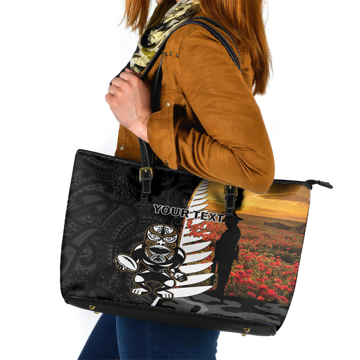 Custom New Zealand Silver Fern Rugby ANZAC Day Leather Tote Bag 2024 All Black Tiki Mascot LT14 Black - Polynesian Pride