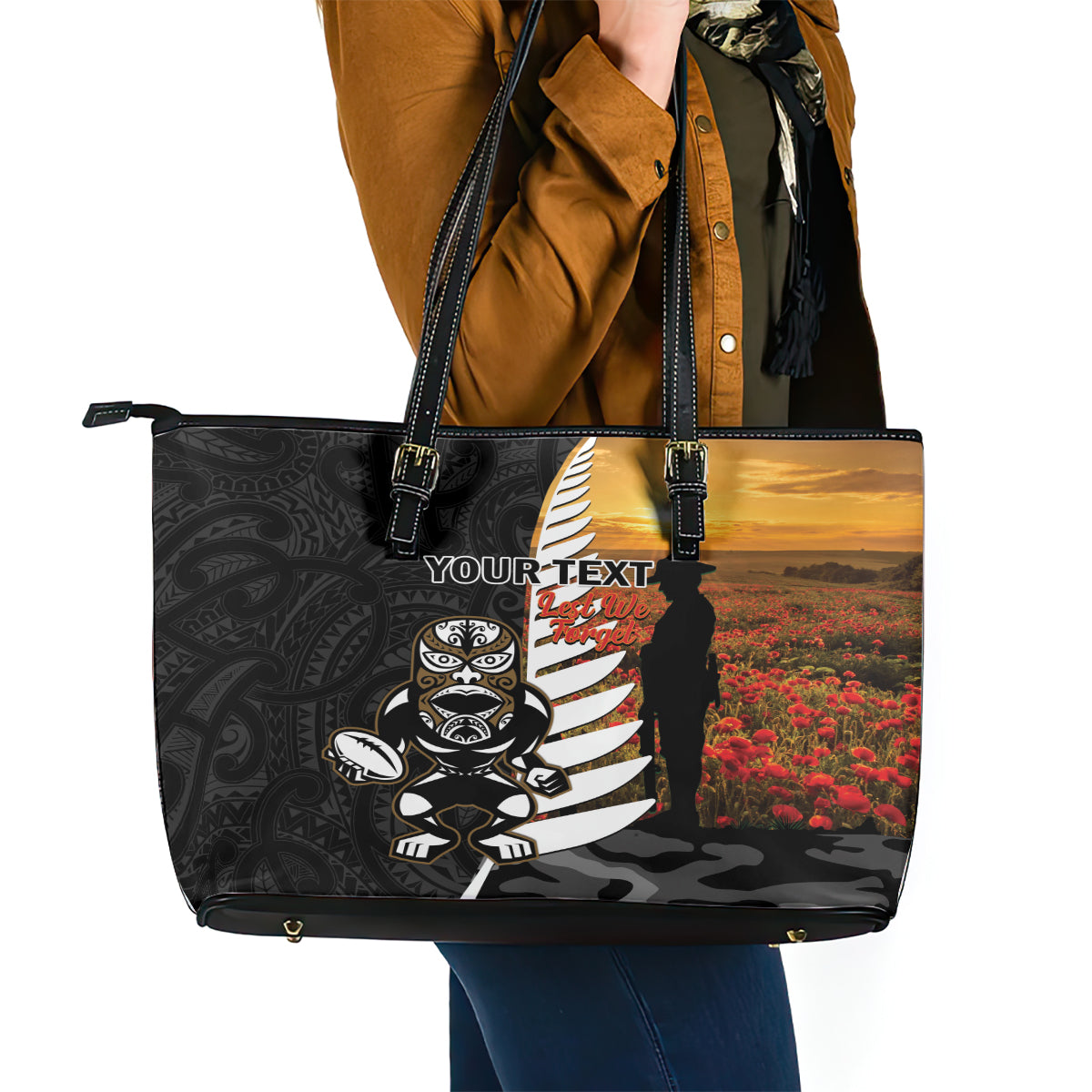 Custom New Zealand Silver Fern Rugby ANZAC Day Leather Tote Bag 2024 All Black Tiki Mascot LT14 - Polynesian Pride