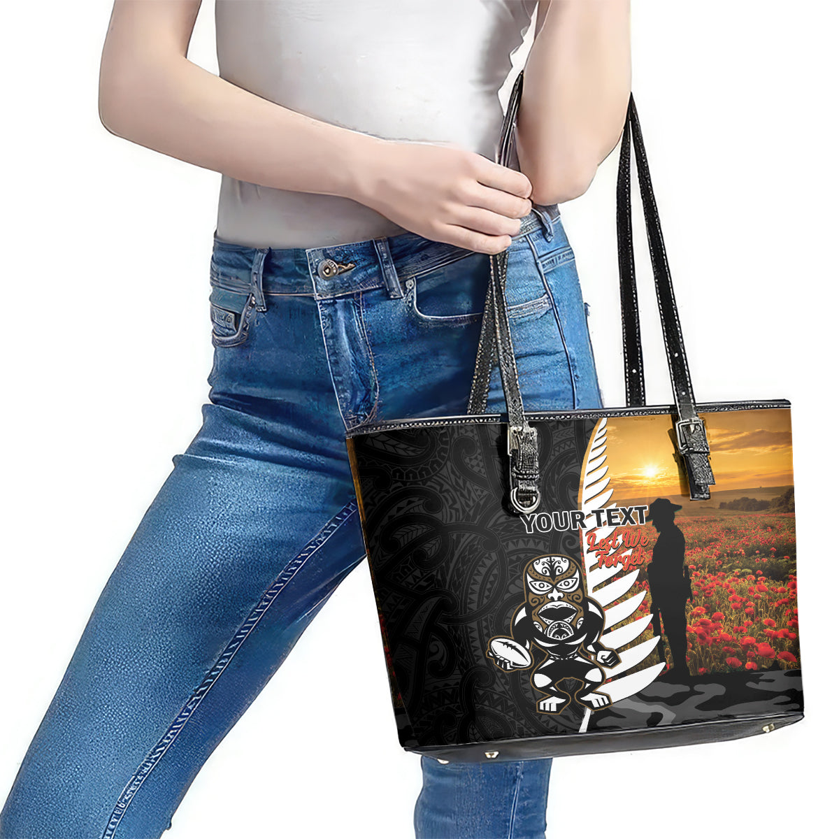 Custom New Zealand Silver Fern Rugby ANZAC Day Leather Tote Bag 2024 All Black Tiki Mascot LT14 - Polynesian Pride
