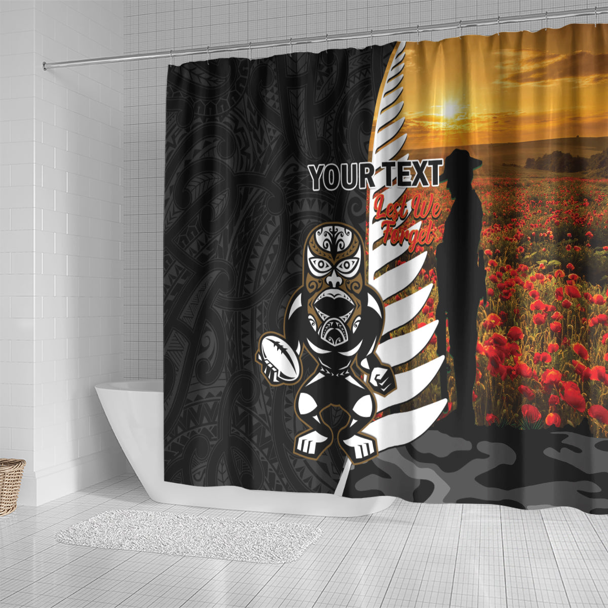 Custom New Zealand Silver Fern Rugby ANZAC Day Shower Curtain 2024 All Black Tiki Mascot LT14 - Polynesian Pride