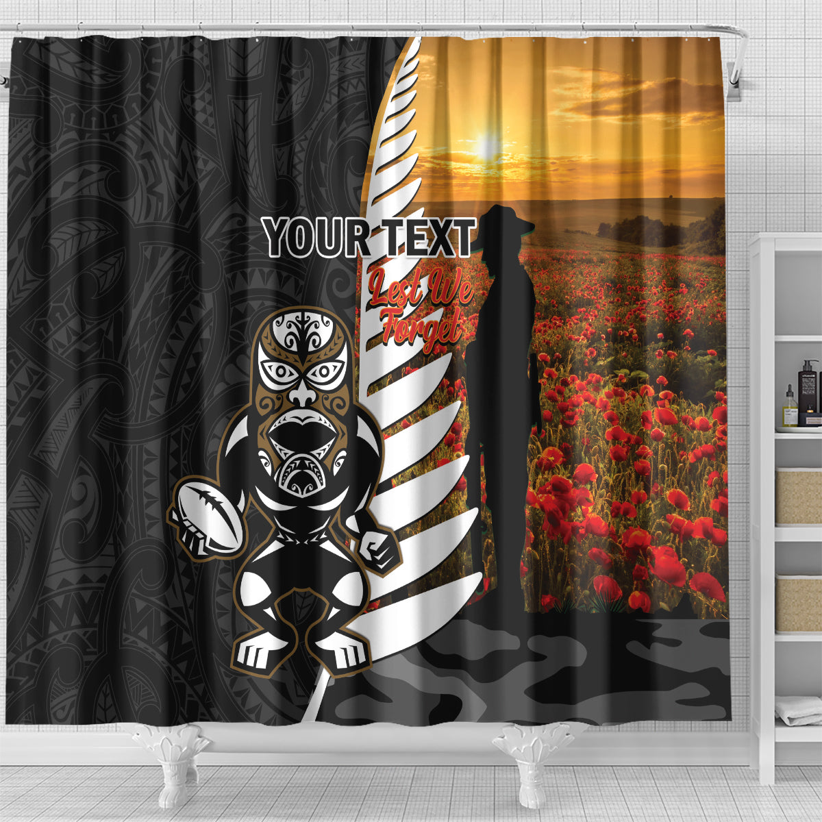 Custom New Zealand Silver Fern Rugby ANZAC Day Shower Curtain 2024 All Black Tiki Mascot LT14 - Polynesian Pride
