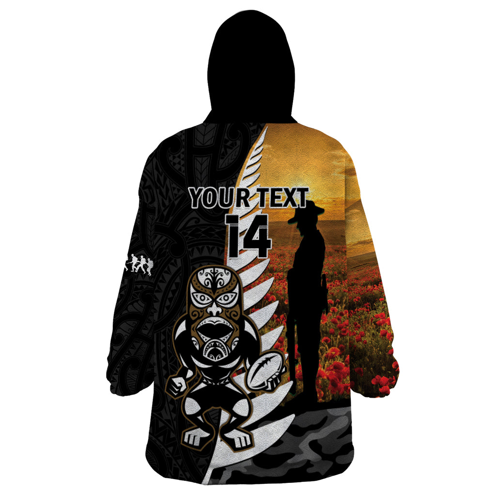 Custom New Zealand Silver Fern Rugby ANZAC Day Wearable Blanket Hoodie 2024 All Black Tiki Mascot LT14 - Polynesian Pride