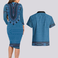 Blue African Dashiki With Fijian Tapa Pattern Couples Matching Long Sleeve Bodycon Dress and Hawaiian Shirt