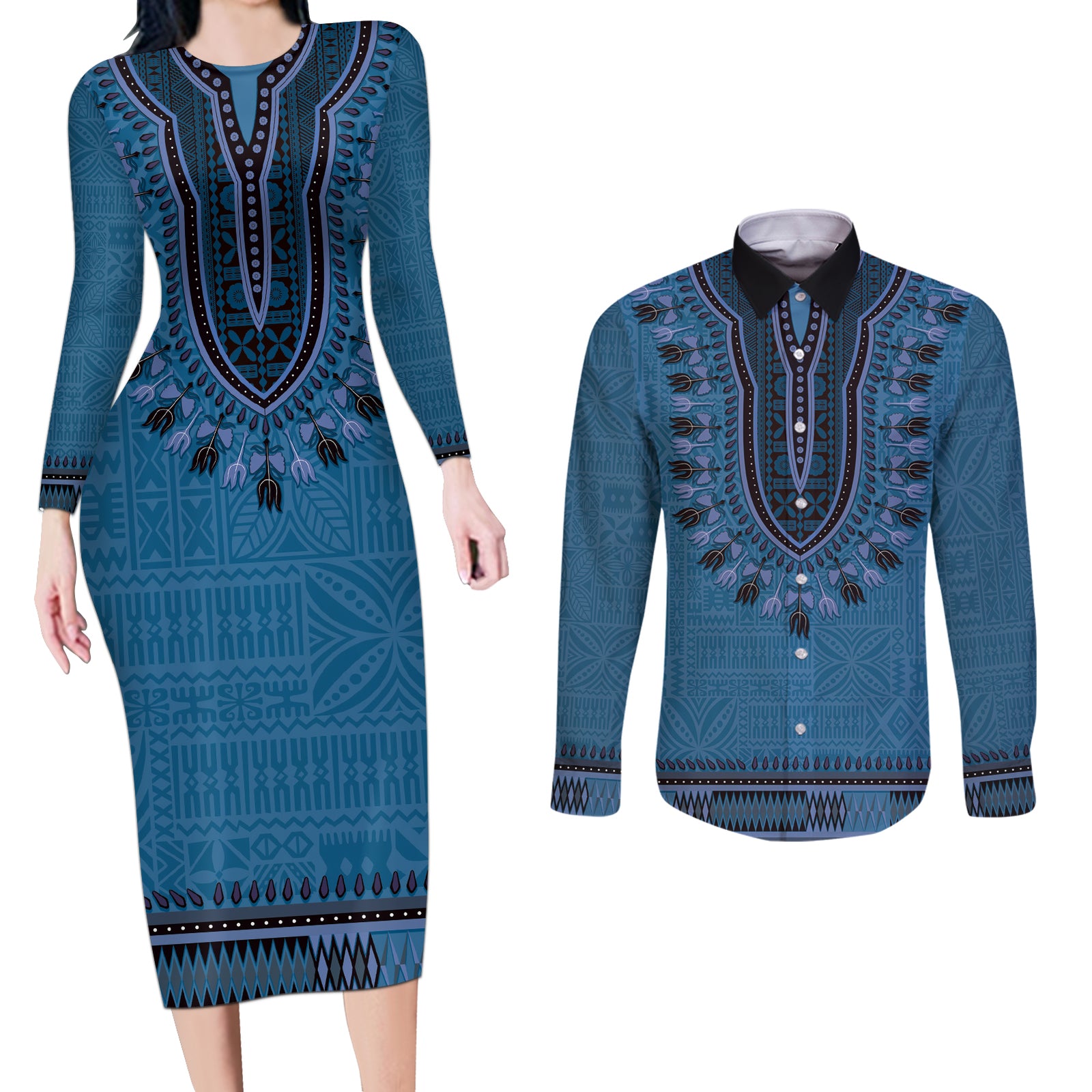 Blue African Dashiki With Fijian Tapa Pattern Couples Matching Long Sleeve Bodycon Dress and Long Sleeve Button Shirt