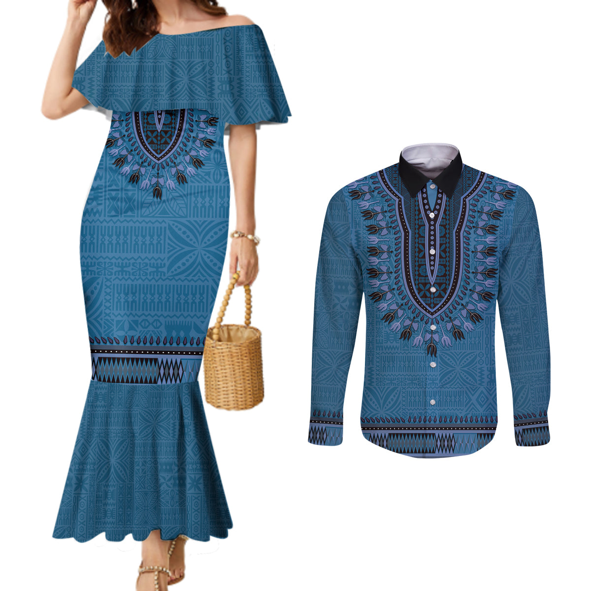 Blue African Dashiki With Fijian Tapa Pattern Couples Matching Mermaid Dress and Long Sleeve Button Shirt