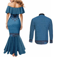 Blue African Dashiki With Fijian Tapa Pattern Couples Matching Mermaid Dress and Long Sleeve Button Shirt