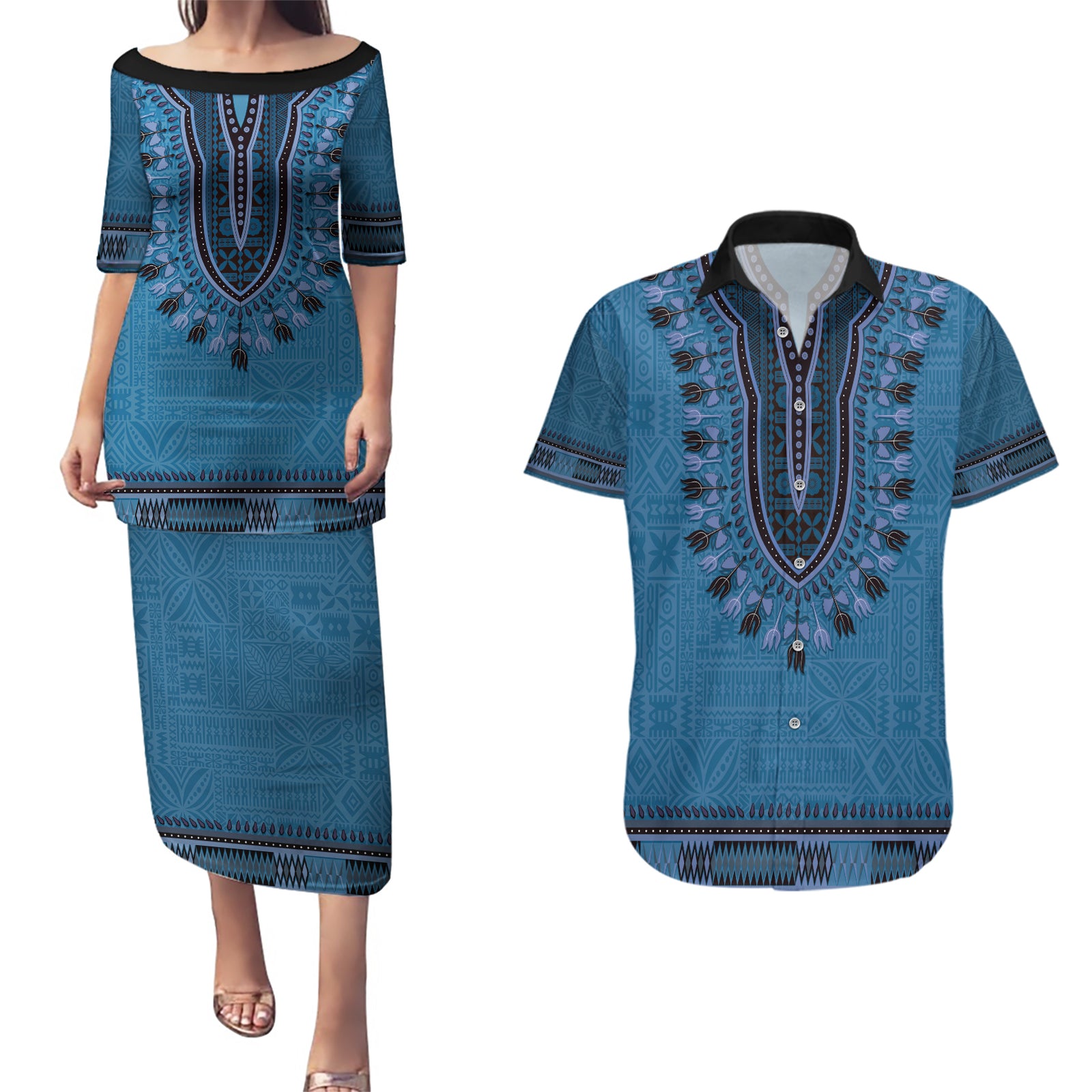 Blue African Dashiki With Fijian Tapa Pattern Couples Matching Puletasi and Hawaiian Shirt