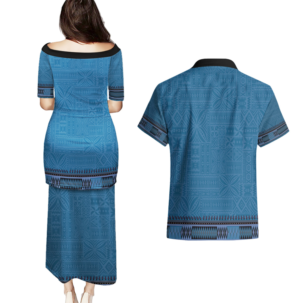 Blue African Dashiki With Fijian Tapa Pattern Couples Matching Puletasi and Hawaiian Shirt