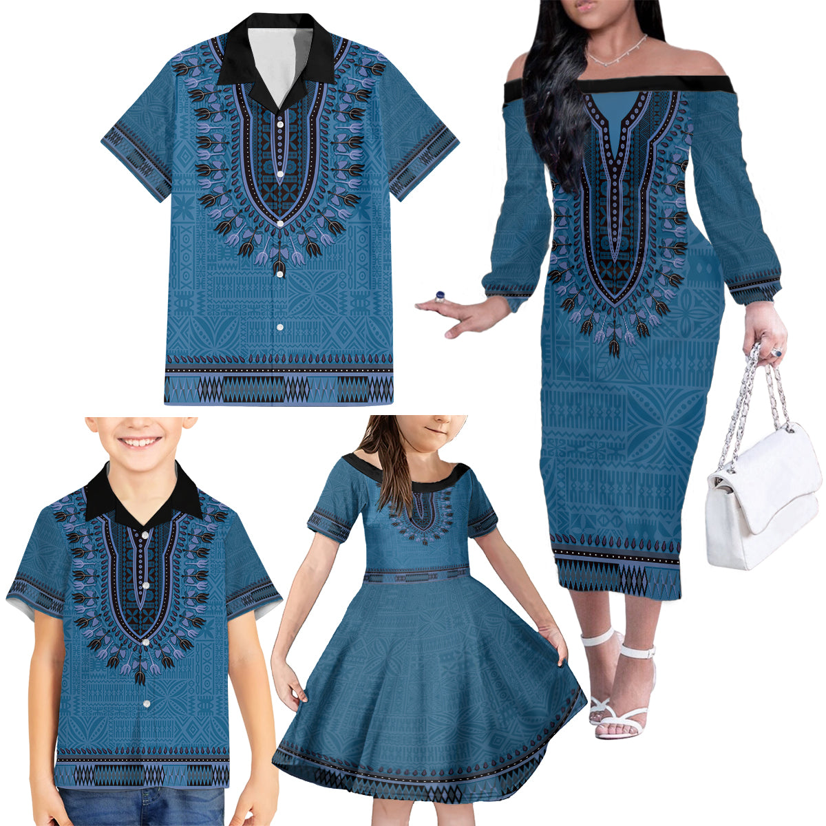 Blue African Dashiki With Fijian Tapa Pattern Family Matching Off The Shoulder Long Sleeve Dress and Hawaiian Shirt LT14 - Polynesian Pride