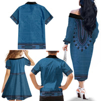 Blue African Dashiki With Fijian Tapa Pattern Family Matching Off The Shoulder Long Sleeve Dress and Hawaiian Shirt LT14 - Polynesian Pride