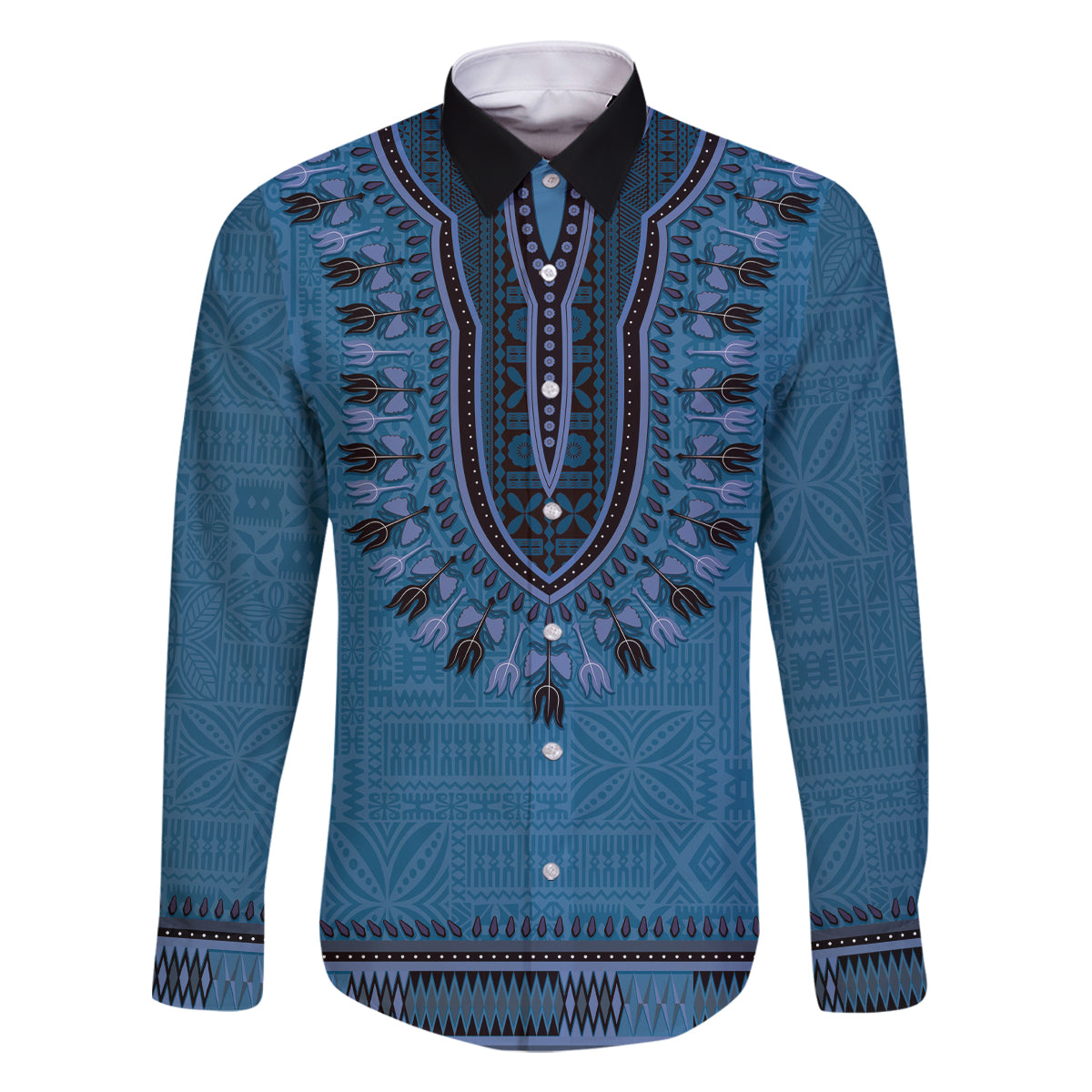 Blue African Dashiki With Fijian Tapa Pattern Family Matching Off The Shoulder Long Sleeve Dress and Hawaiian Shirt LT14 Dad's Shirt - Long Sleeve Blue - Polynesian Pride