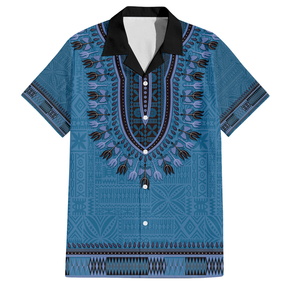 Blue African Dashiki With Fijian Tapa Pattern Family Matching Off Shoulder Short Dress and Hawaiian Shirt