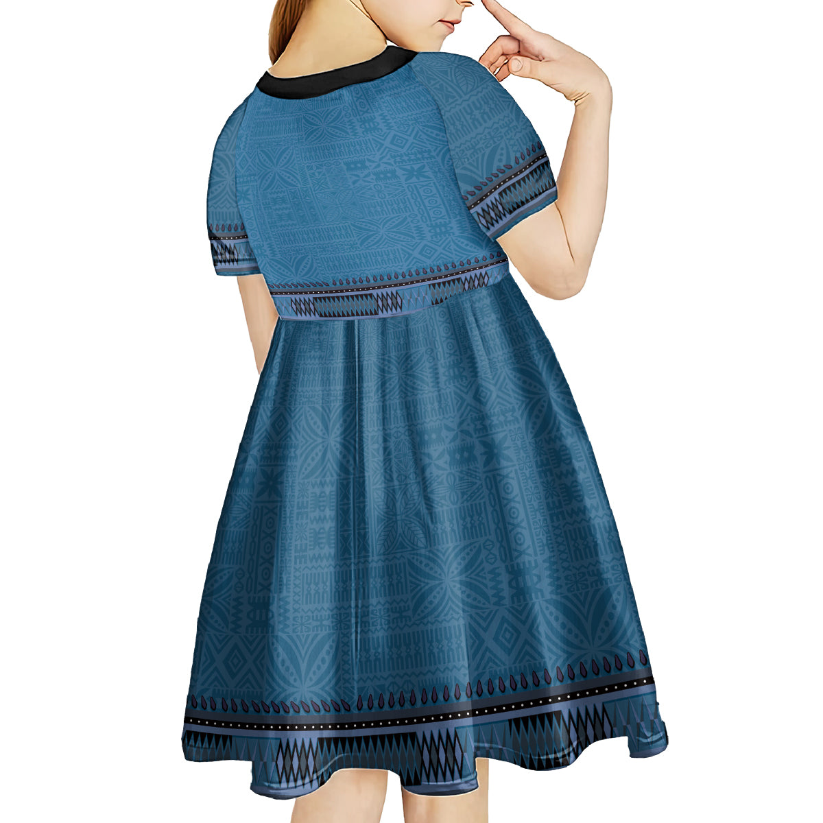 Blue African Dashiki With Fijian Tapa Pattern Kid Short Sleeve Dress