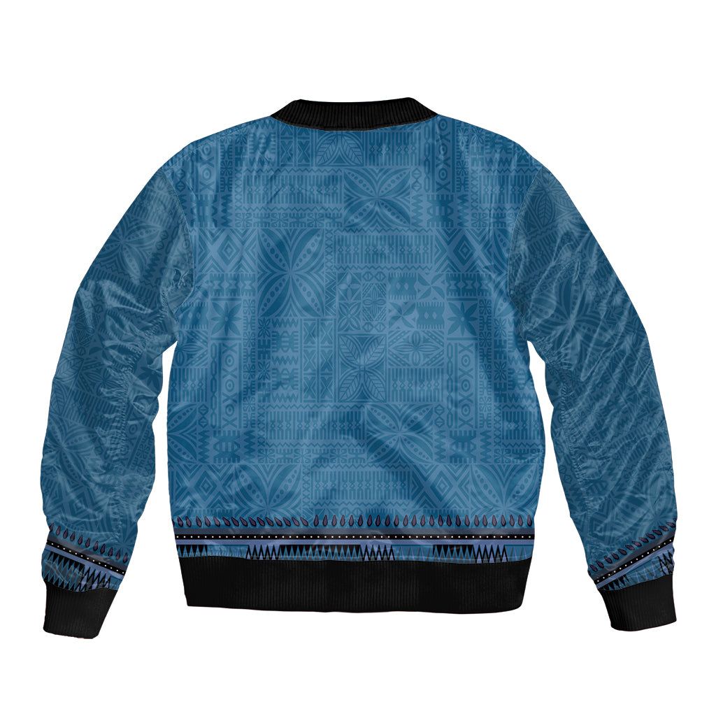 Blue African Dashiki With Fijian Tapa Pattern Sleeve Zip Bomber Jacket