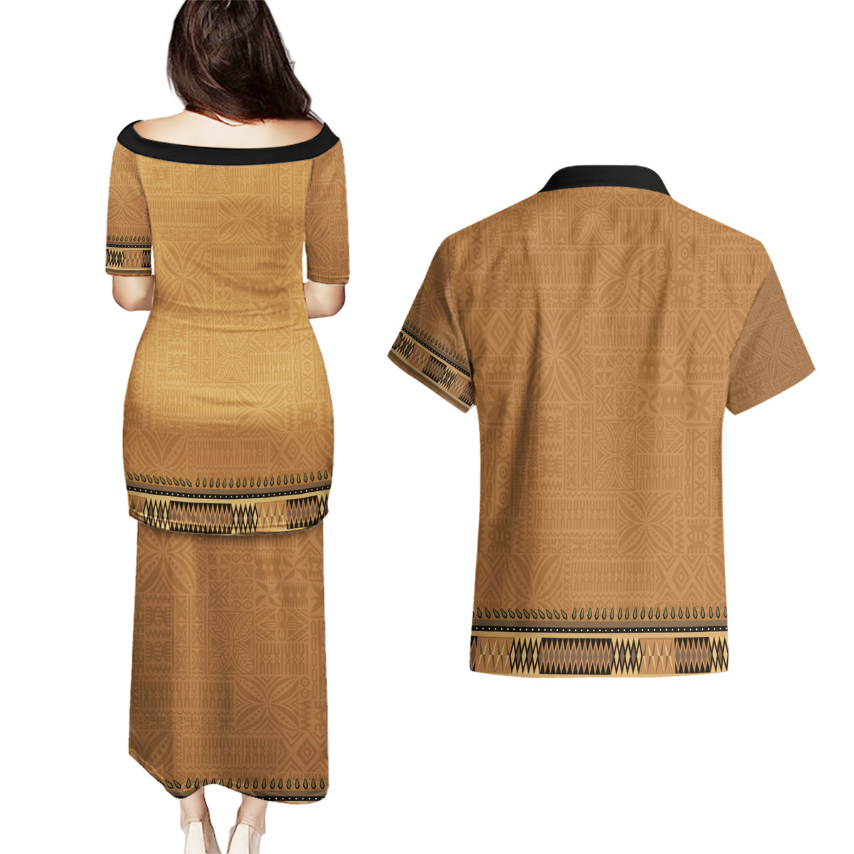 Brown African Dashiki With Fijian Tapa Pattern Couples Matching Puletasi and Hawaiian Shirt