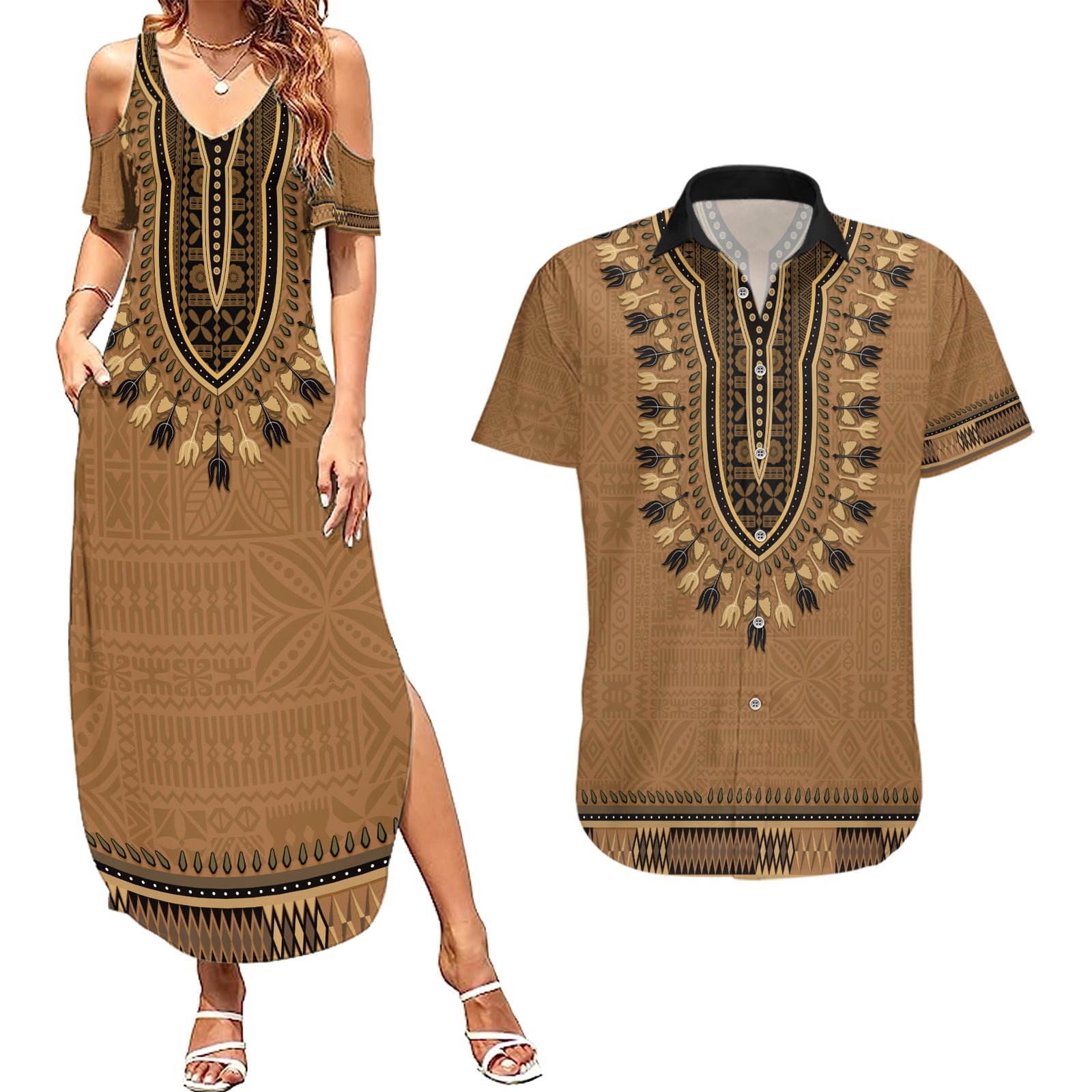 Brown African Dashiki With Fijian Tapa Pattern Couples Matching Summer Maxi Dress and Hawaiian Shirt