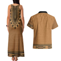 Brown African Dashiki With Fijian Tapa Pattern Couples Matching Tank Maxi Dress and Hawaiian Shirt
