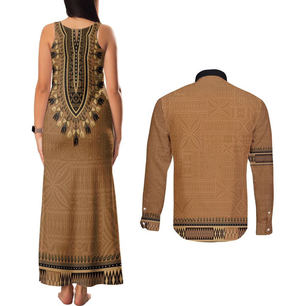 Brown African Dashiki With Fijian Tapa Pattern Couples Matching Tank Maxi Dress and Long Sleeve Button Shirt