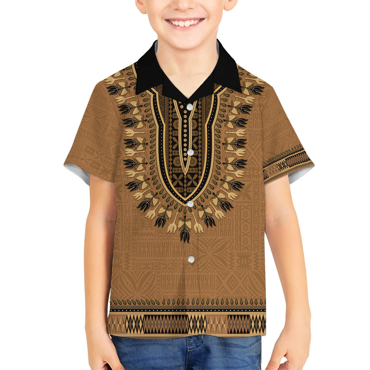 Brown African Dashiki With Fijian Tapa Pattern Family Matching Off The Shoulder Long Sleeve Dress and Hawaiian Shirt LT14 Son's Shirt Brown - Polynesian Pride
