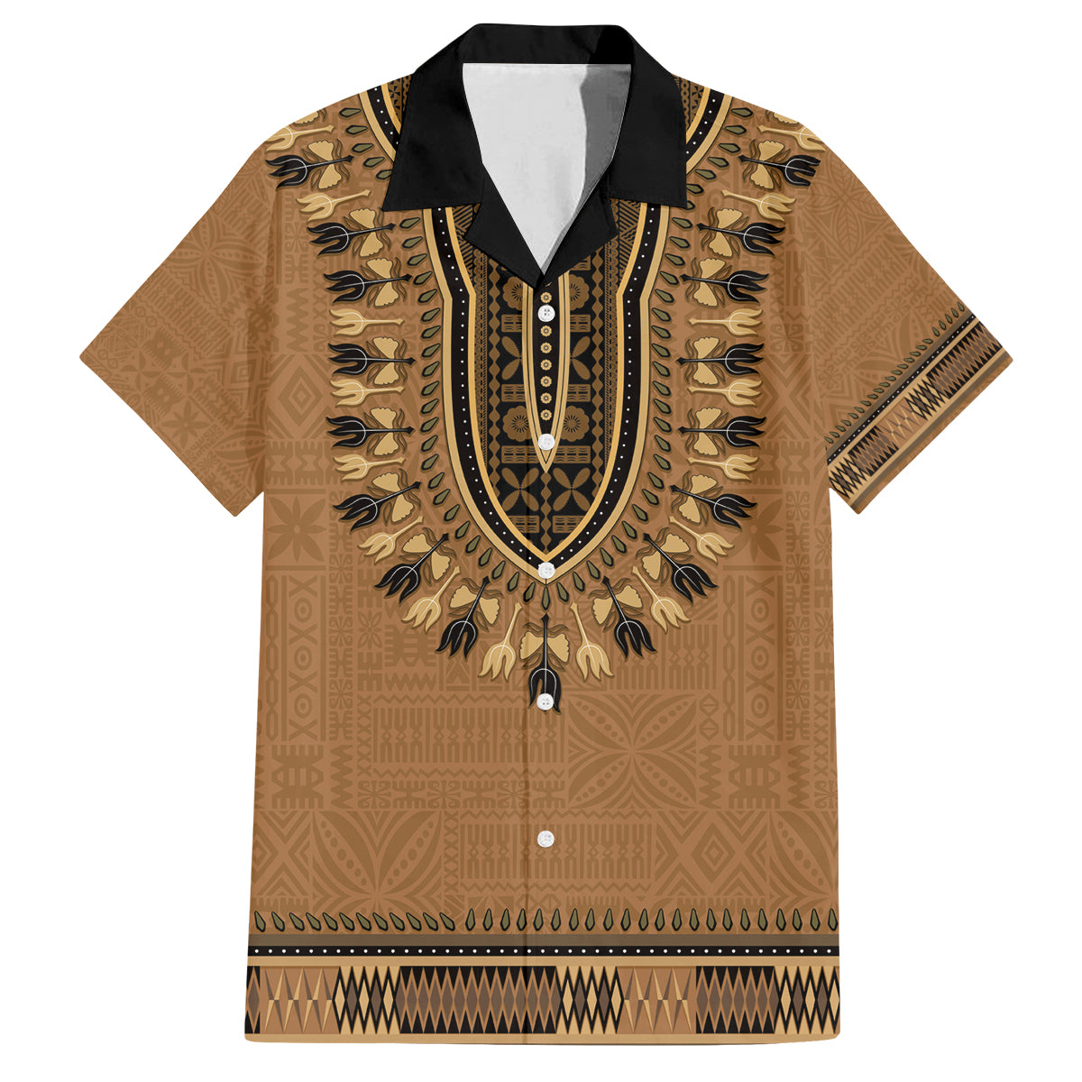Brown African Dashiki With Fijian Tapa Pattern Family Matching Off Shoulder Short Dress and Hawaiian Shirt