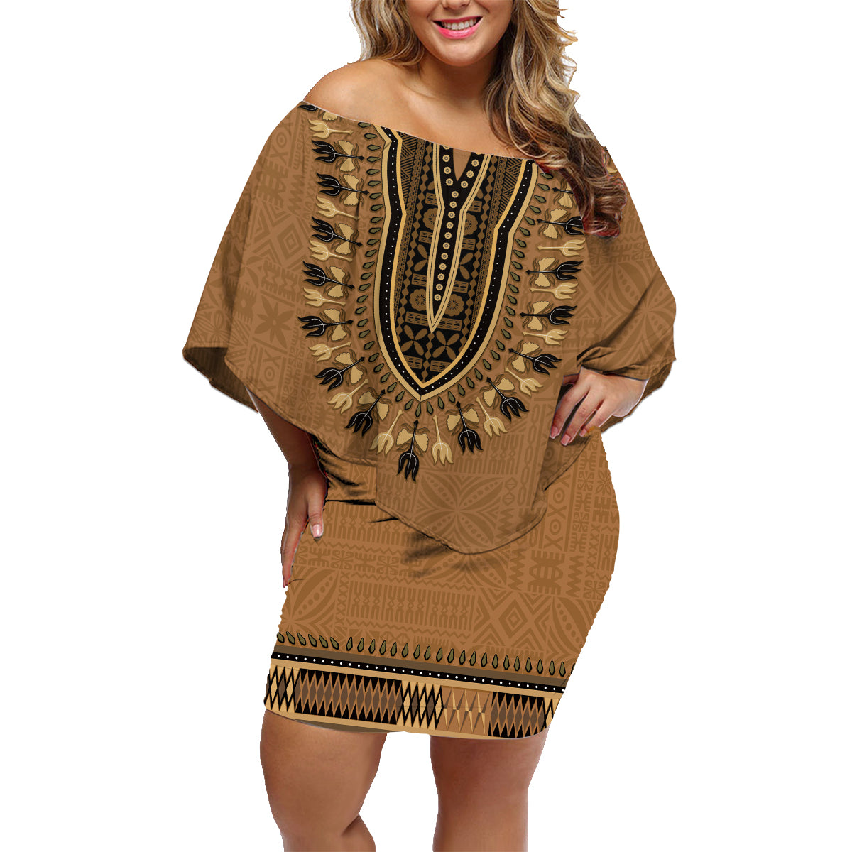 Brown African Dashiki With Fijian Tapa Pattern Family Matching Off Shoulder Short Dress and Hawaiian Shirt