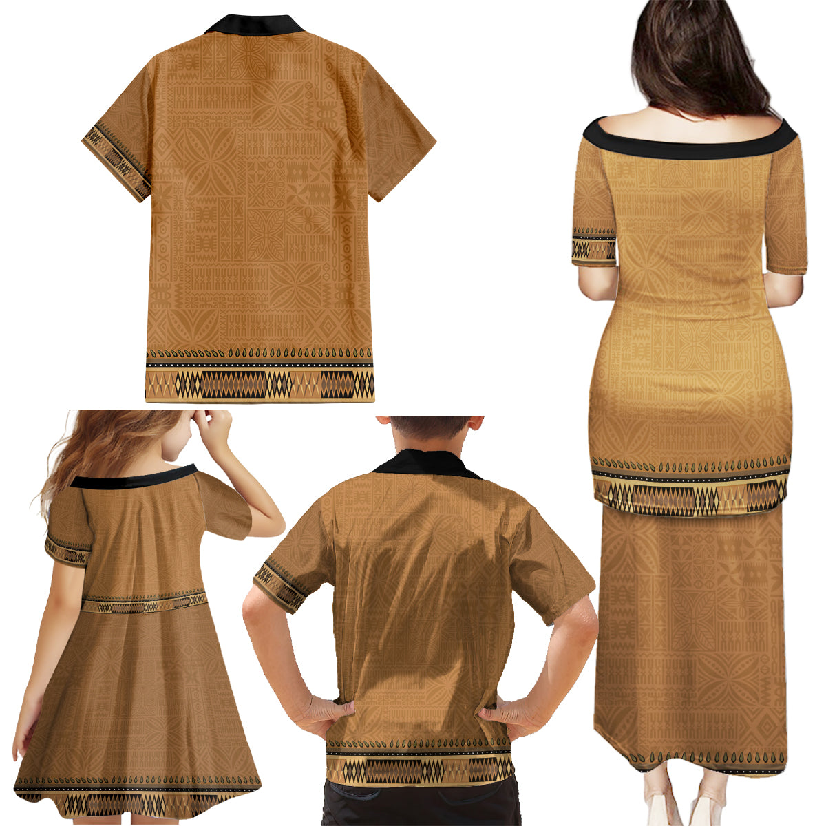 Brown African Dashiki With Fijian Tapa Pattern Family Matching Puletasi and Hawaiian Shirt