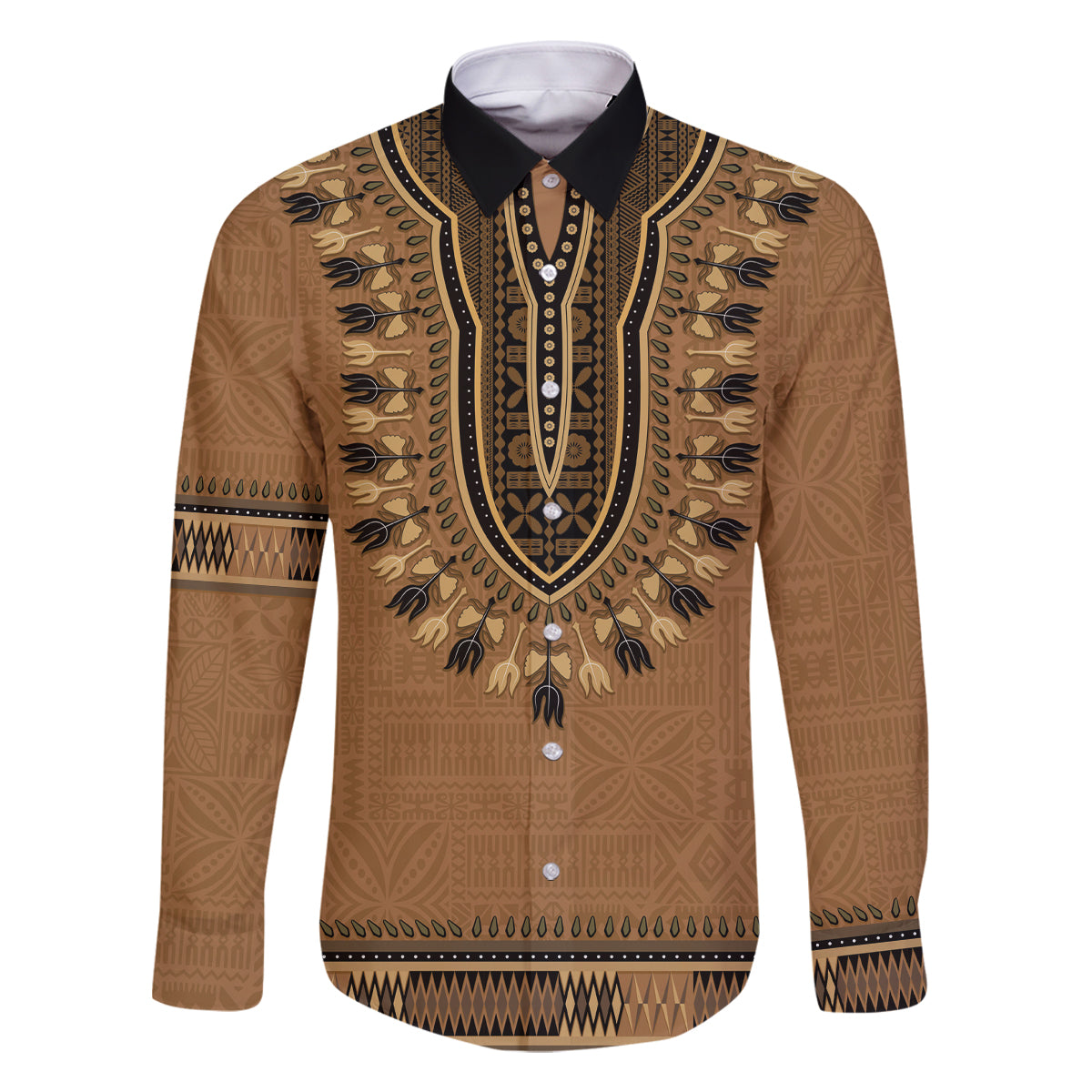 Brown African Dashiki With Fijian Tapa Pattern Family Matching Tank Maxi Dress and Hawaiian Shirt