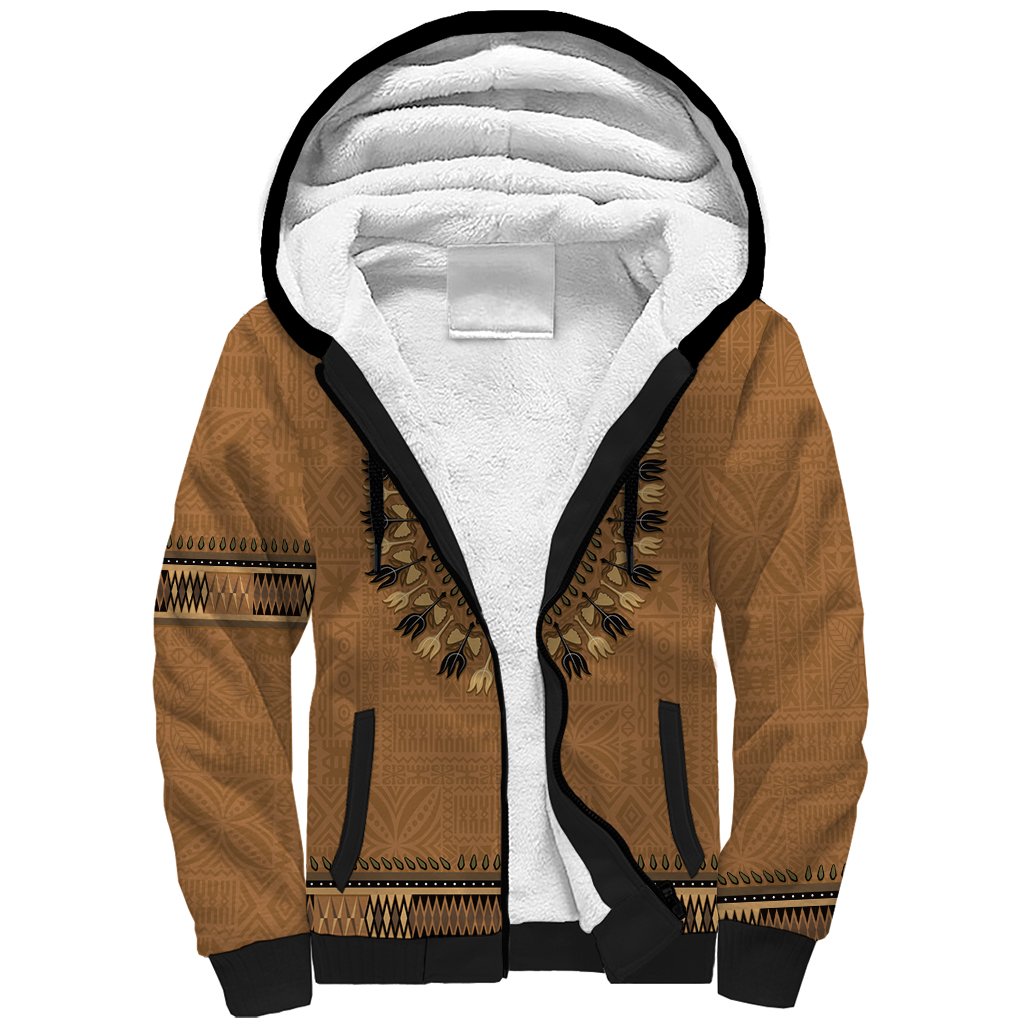 Brown African Dashiki With Fijian Tapa Pattern Sherpa Hoodie