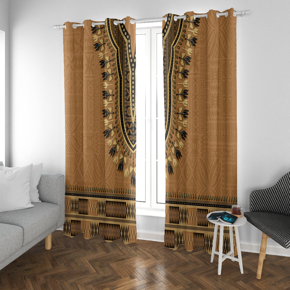 Brown African Dashiki With Fijian Tapa Pattern Window Curtain