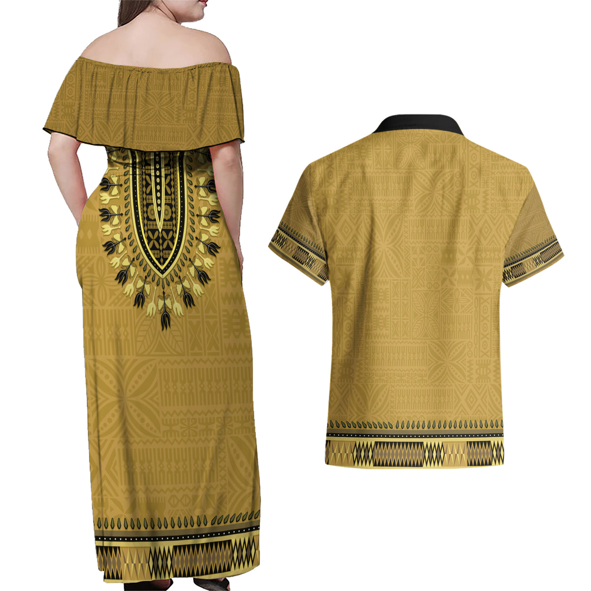 Gold African Dashiki With Fijian Tapa Pattern Couples Matching Off Shoulder Maxi Dress and Hawaiian Shirt