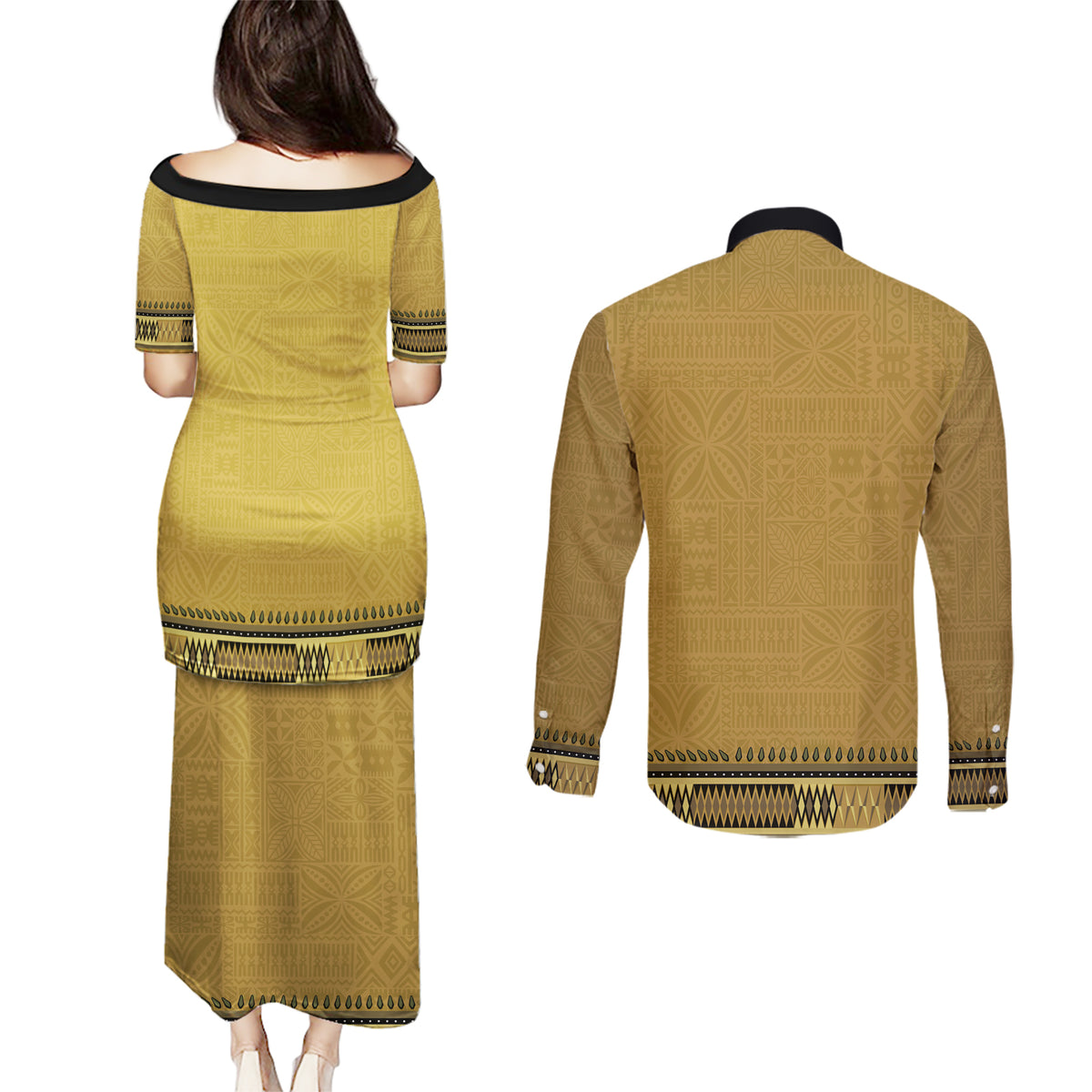 Gold African Dashiki With Fijian Tapa Pattern Couples Matching Puletasi and Long Sleeve Button Shirt