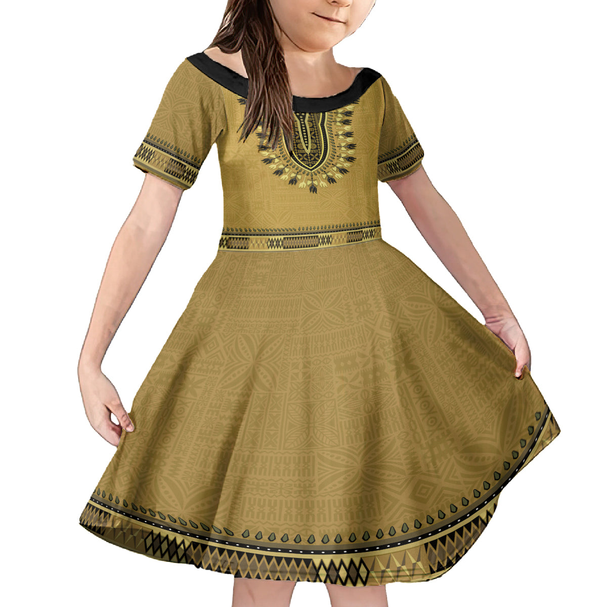 Gold African Dashiki With Fijian Tapa Pattern Family Matching Off The Shoulder Long Sleeve Dress and Hawaiian Shirt LT14 Daughter's Dress Gold - Polynesian Pride