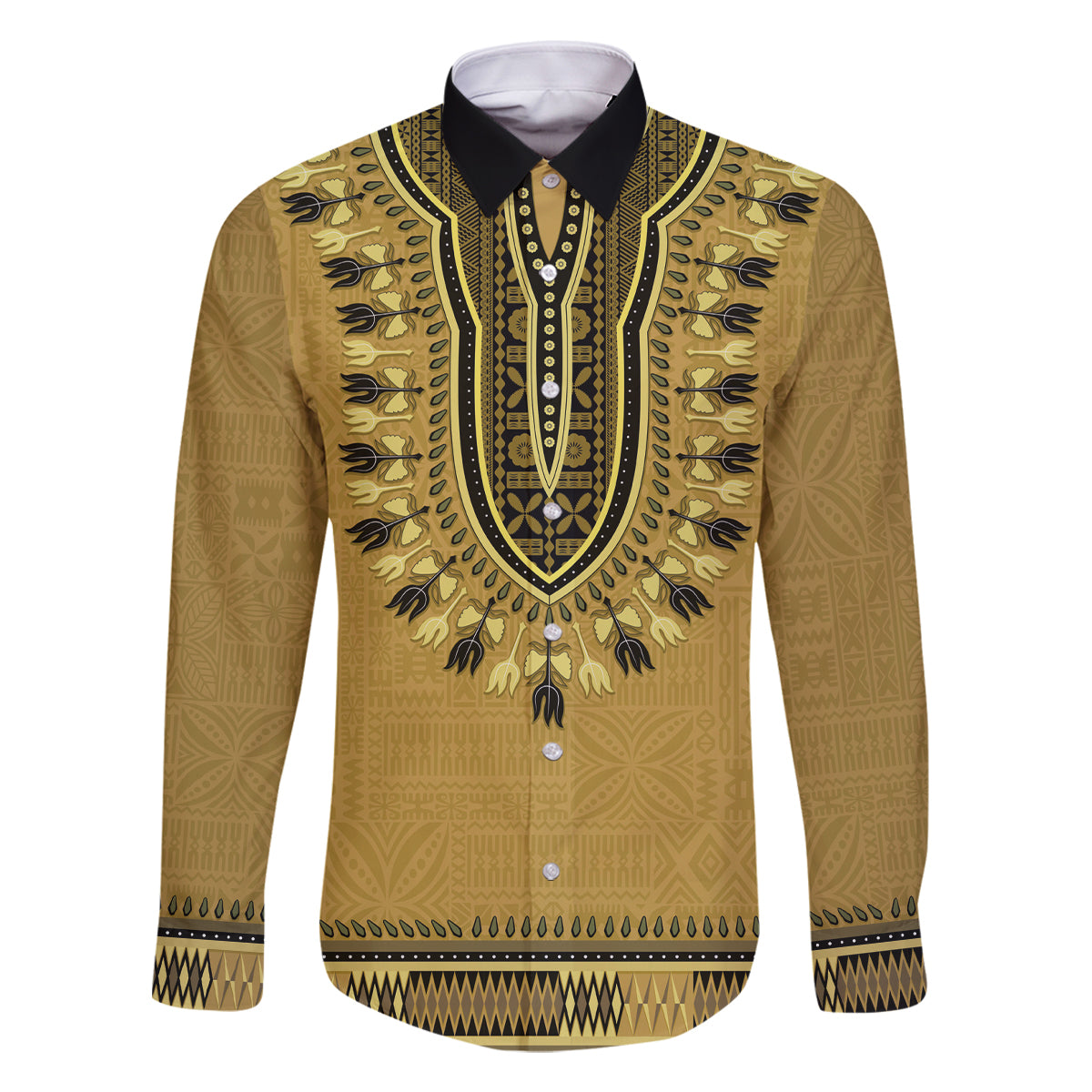 Gold African Dashiki With Fijian Tapa Pattern Family Matching Off The Shoulder Long Sleeve Dress and Hawaiian Shirt LT14 Dad's Shirt - Long Sleeve Gold - Polynesian Pride