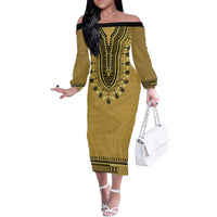Gold African Dashiki With Fijian Tapa Pattern Family Matching Off The Shoulder Long Sleeve Dress and Hawaiian Shirt LT14 Mom's Dress Gold - Polynesian Pride