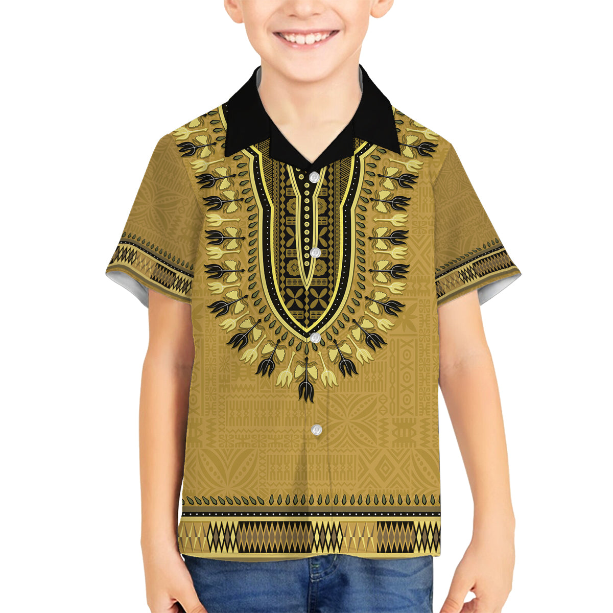 Gold African Dashiki With Fijian Tapa Pattern Family Matching Off The Shoulder Long Sleeve Dress and Hawaiian Shirt LT14 Son's Shirt Gold - Polynesian Pride