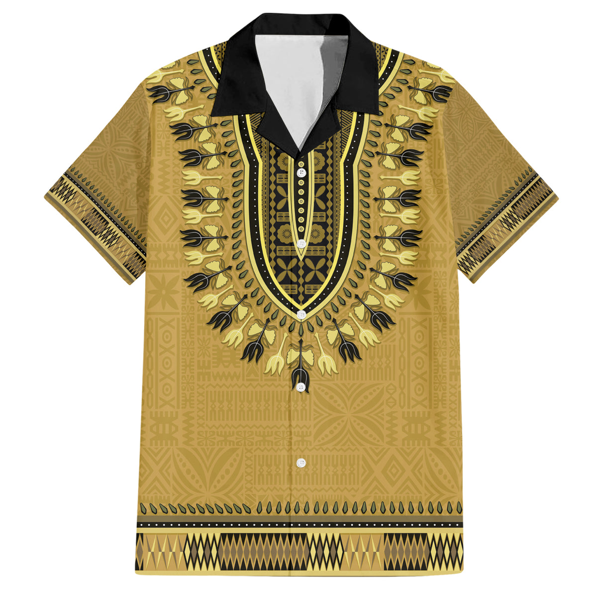 Gold African Dashiki With Fijian Tapa Pattern Family Matching Short Sleeve Bodycon Dress and Hawaiian Shirt