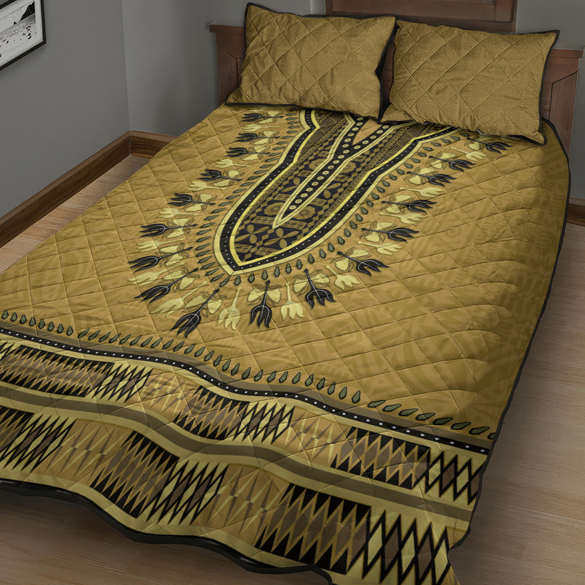 Gold African Dashiki With Fijian Tapa Pattern Quilt Bed Set