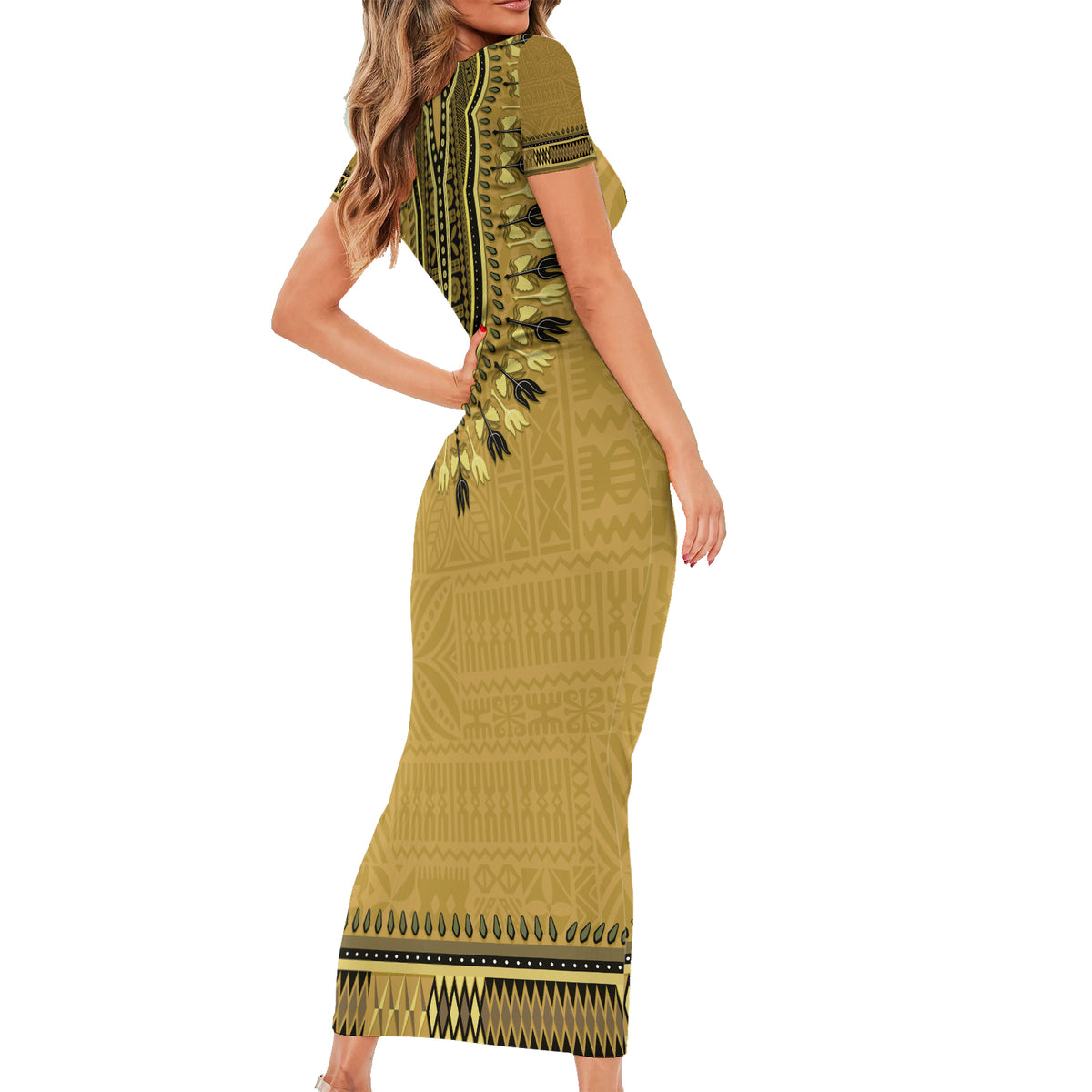 Gold African Dashiki With Fijian Tapa Pattern Short Sleeve Bodycon Dress