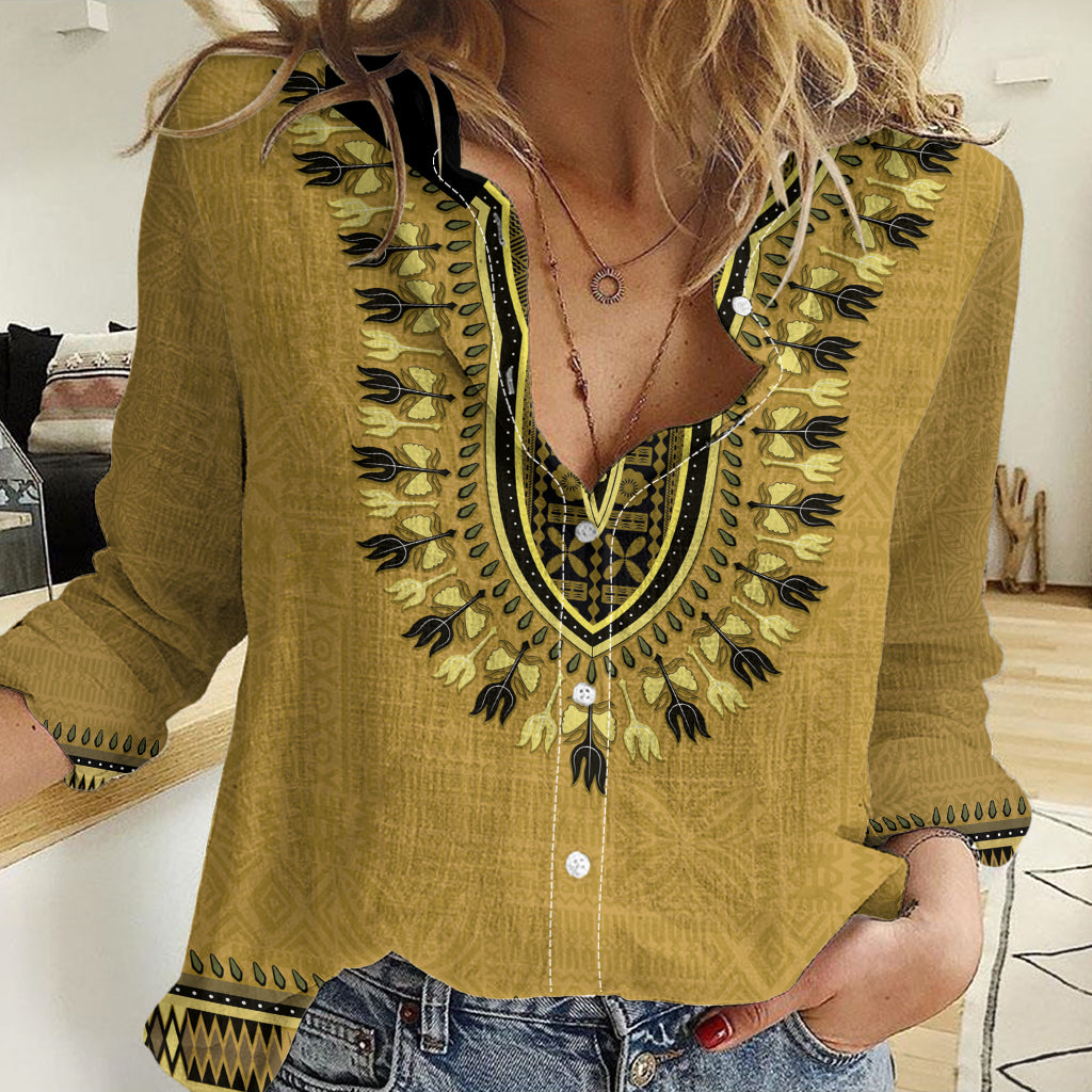 Gold African Dashiki With Fijian Tapa Pattern Women Casual Shirt LT14 Female Gold - Polynesian Pride