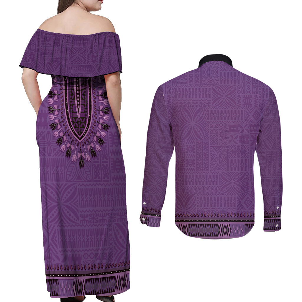 Purple African Dashiki With Fijian Tapa Pattern Couples Matching Off Shoulder Maxi Dress and Long Sleeve Button Shirt