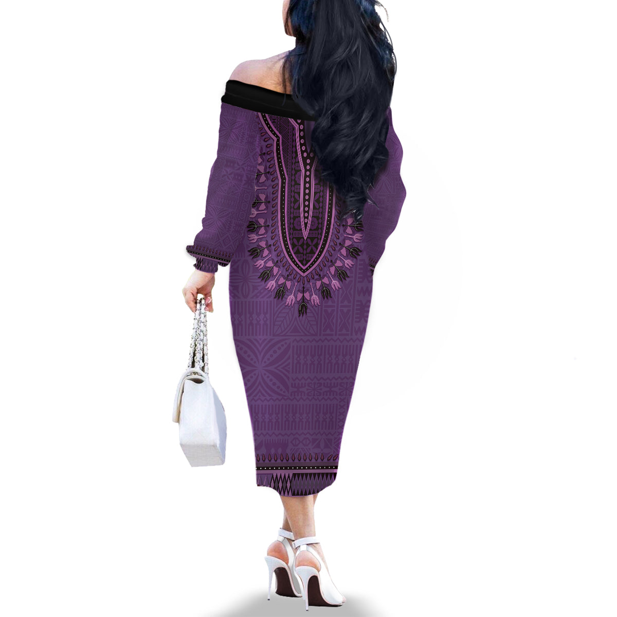 Purple African Dashiki With Fijian Tapa Pattern Family Matching Off The Shoulder Long Sleeve Dress and Hawaiian Shirt LT14 - Polynesian Pride