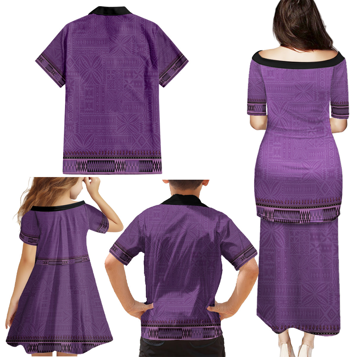 Purple African Dashiki With Fijian Tapa Pattern Family Matching Puletasi and Hawaiian Shirt