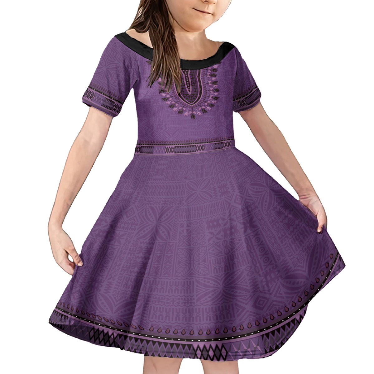Purple African Dashiki With Fijian Tapa Pattern Family Matching Summer Maxi Dress and Hawaiian Shirt LT14 Daughter's Dress Purple - Polynesian Pride